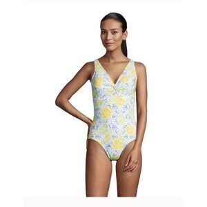 NEW Lands' End Citrus Geo‎ V-Neck Soft Cup One Piece Swimsuit, Women 18 Petite